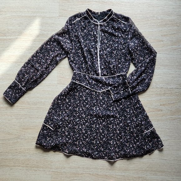 AllSaints Kay Floral Motif Sheer Chiffon Mini Dress Long Sleeve Black Pink - Picture 6 of 11